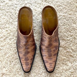 Stuart Weitzman, pale pink & gray, snakeskin mules